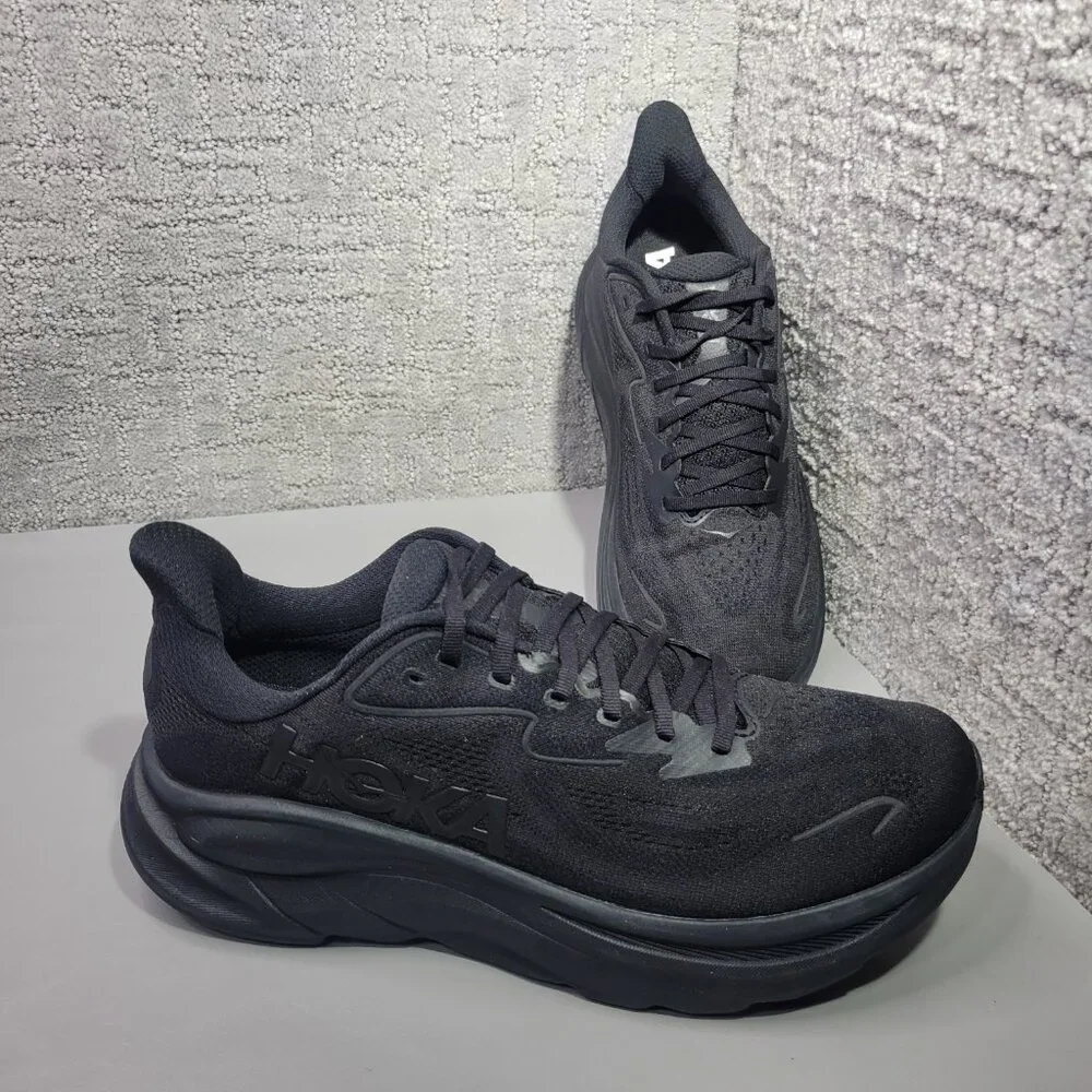 Hoka One One Clifton 10 Womens Size US 12B Triple Black Lace-Up Sneaker Shoes
